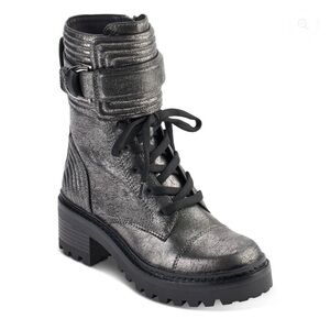DKNY Womens Basia Leather Metallic Combat & Lace-up Boots Dark Gunmetal Size 5M
